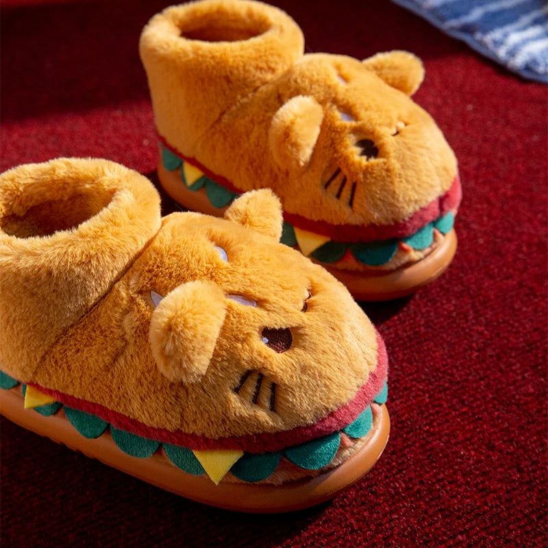 Women Cute Cartoon Hamburger Slippers Winter Warm Soft Plush Fluffy