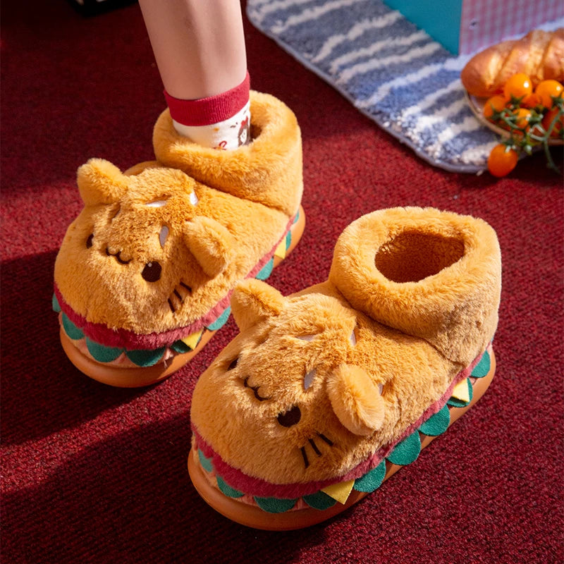 Women Cute Cartoon Hamburger Slippers Winter Warm Soft Plush Fluffy