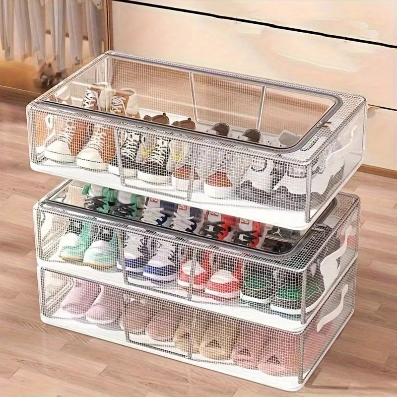 Rectangle Shoe Organizer Box Transparent PVC Steel Frame 2 Removable