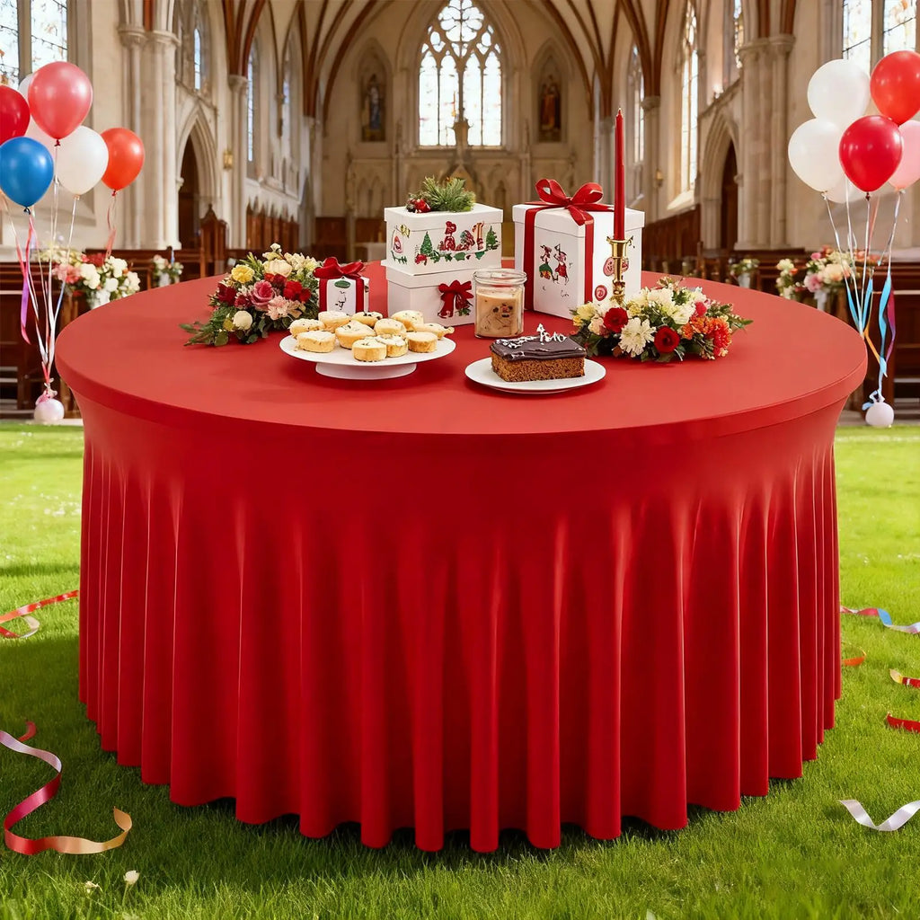 Table Cloth with Skirt 6ft/9ft Round Pleated Tablecloths Red Tableskirts Desk Cover Decorations for Christmas Baby Shower Zpaxo