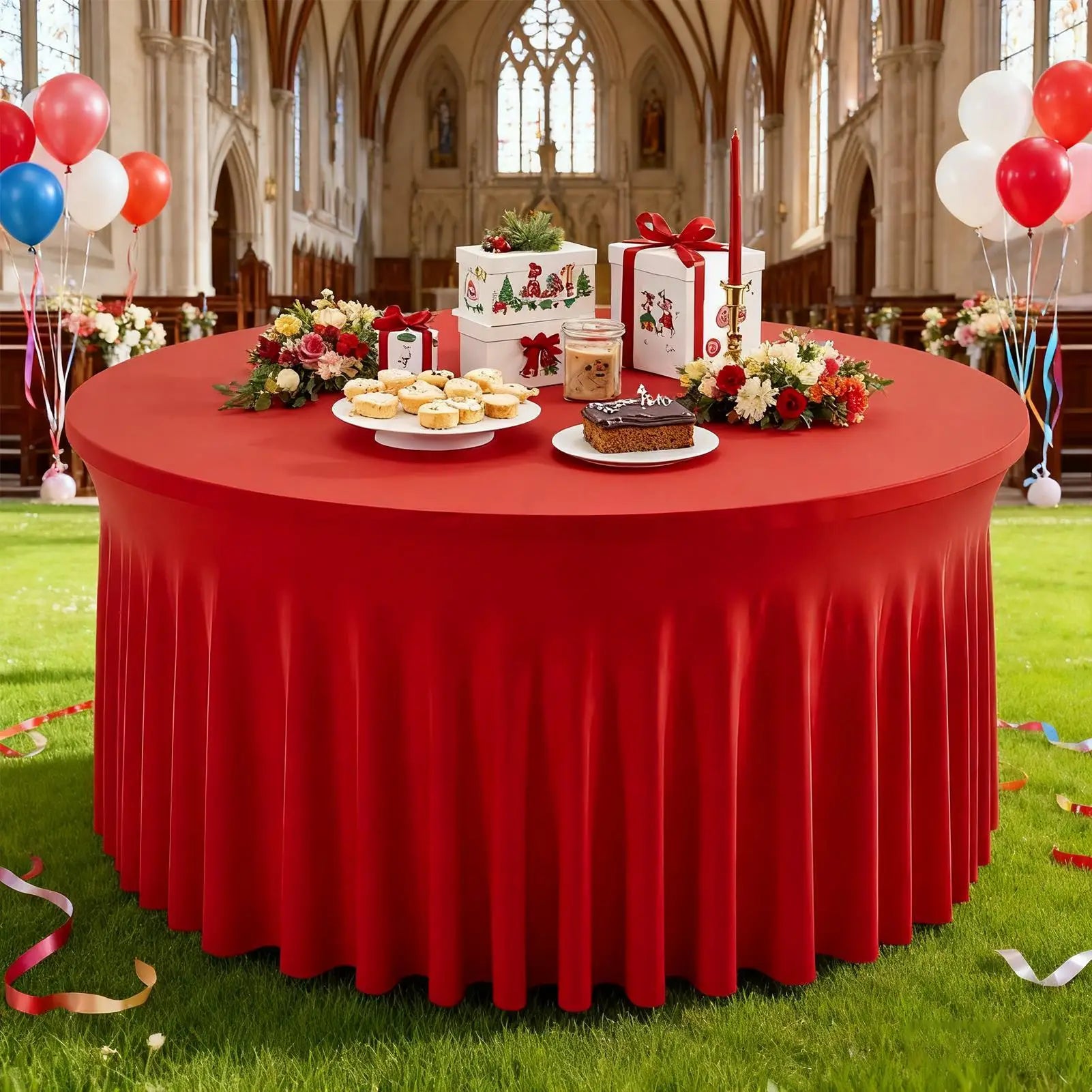 Table Cloth with Skirt 6ft/9ft Round Pleated Tablecloths Red Tableskirts Desk Cover Decorations for Christmas Baby Shower Zpaxo