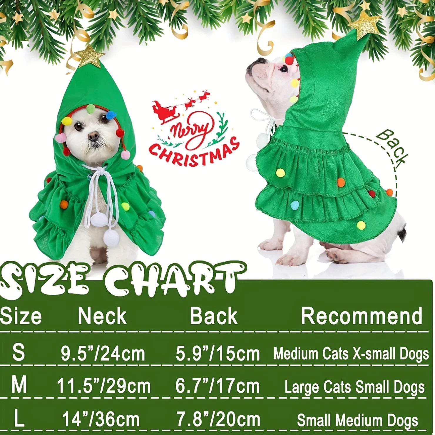 Christmas Tree Pet Costume Hooded Cape Small Dogs Cats Cute Design