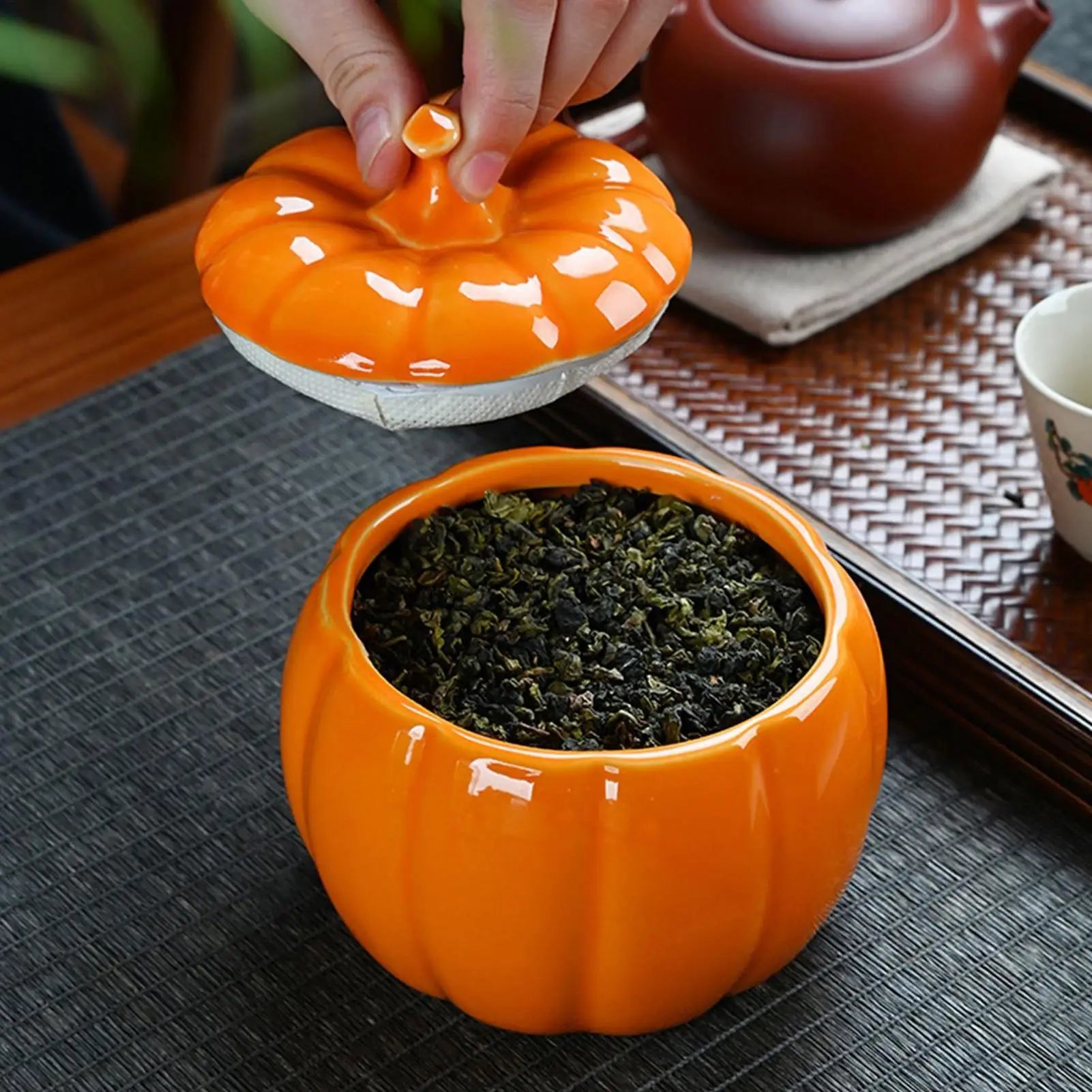 Ceramic Pumpkin Tea Jar Kitchen Storage Lid Airtight Food Container