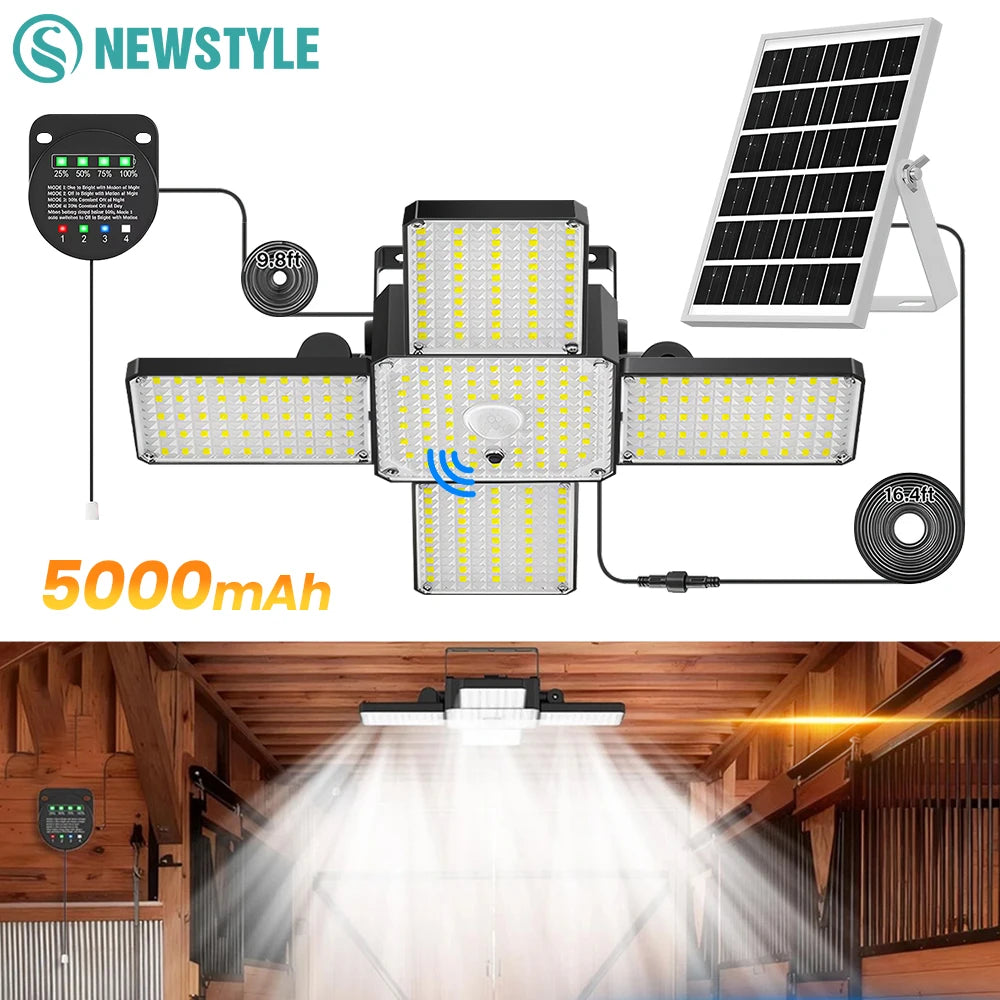 Solar Shed Light Outdoor IP65 Waterproof Motion Sensor 4 Modes 5000mAh Solar Security Light 5-Head Pendant Light for Garage Barn Zpaxo