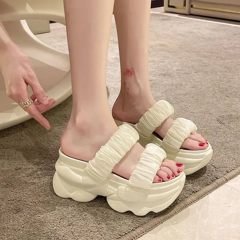 CINESSD Summer Platform Slippers Women Blue Pleated Riband Discolor Zpaxo