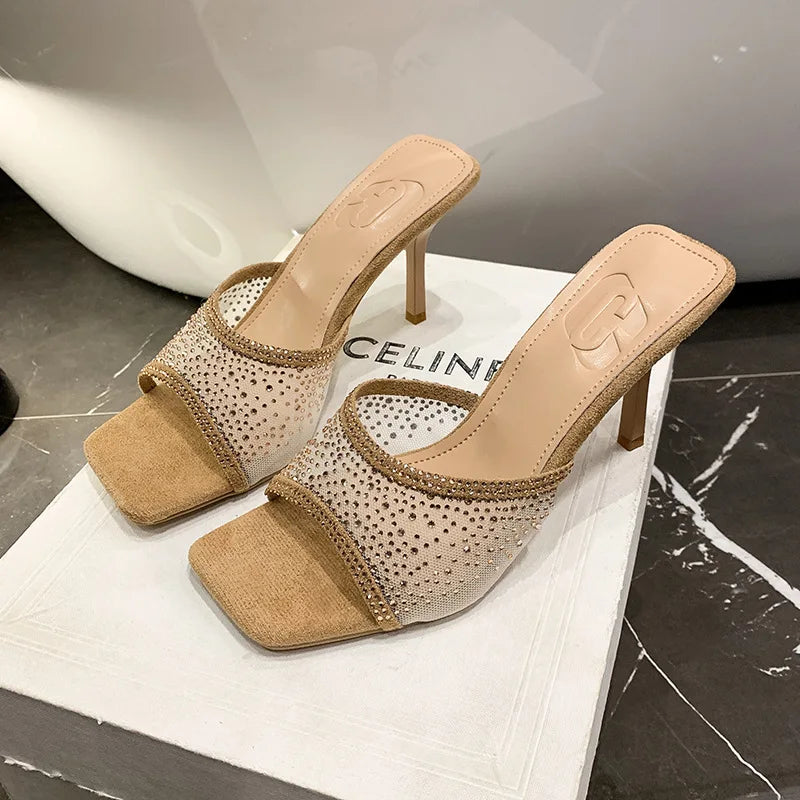 2025 Summer New Square Gauze Rhinestone High Heel Women's Shoes Elegant All-match Thin Heel Sandals Zpaxo 41 Beige