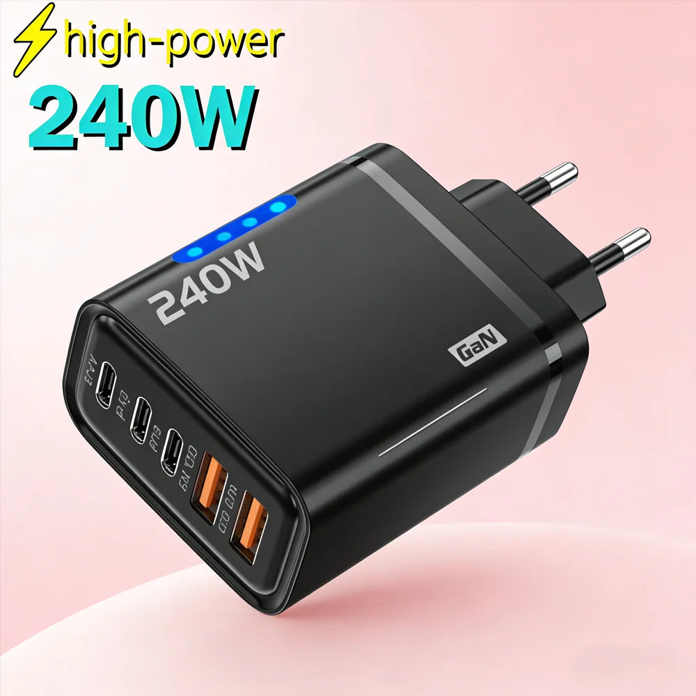 240W 5-Port Fast Charger – USB-C PD & QC 3.0 Wall Adapter Multi-Port Wall Charger Zpaxo