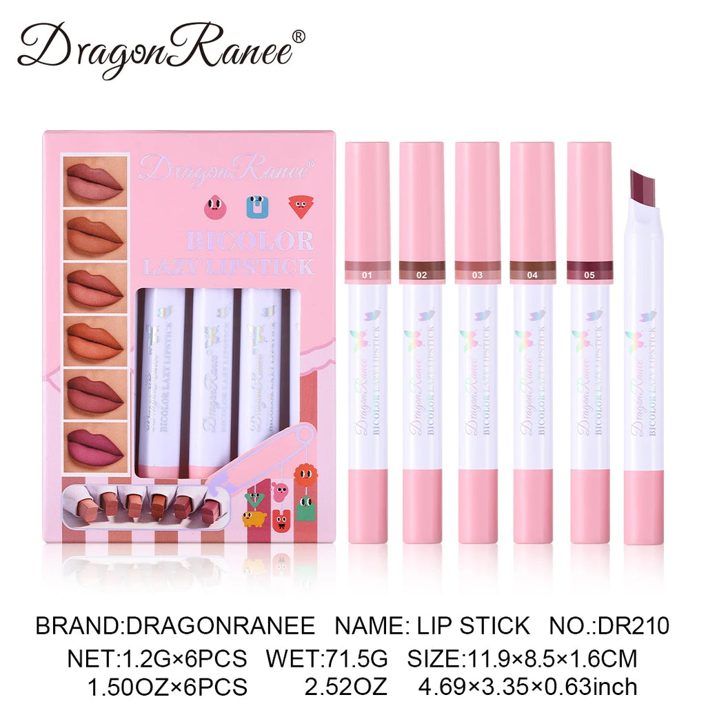 Set of Six Two-Color Lipstick Pens in a Box, Matte and Long-Lasting, Two-Color, Fine Texture, Waterproof, Non-Fading Lip Gloss, Natural and Easy-To-Apply Lipstick Set Zpaxo
