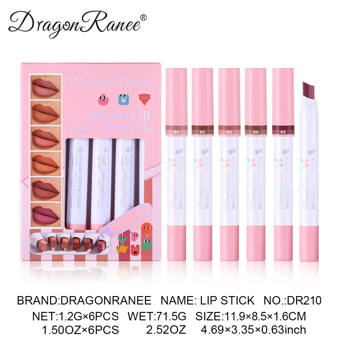 Set of Six Two-Color Lipstick Pens in a Box, Matte and Long-Lasting, Two-Color, Fine Texture, Waterproof, Non-Fading Lip Gloss, Natural and Easy-To-Apply Lipstick Set Zpaxo