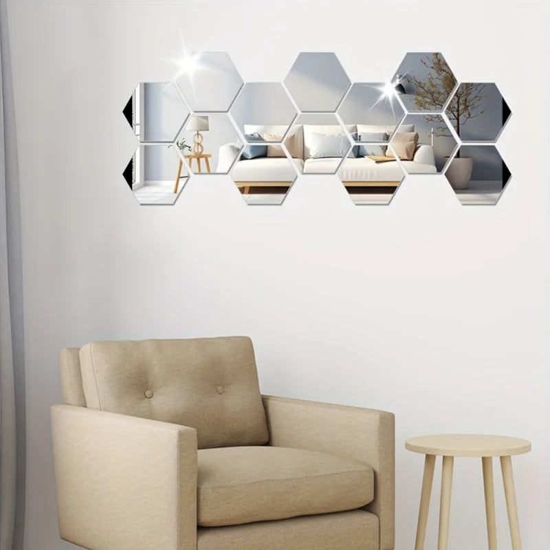 12 Hexagonal 3D Mirror Wall Stickers Self-adhesive DIY Decoration