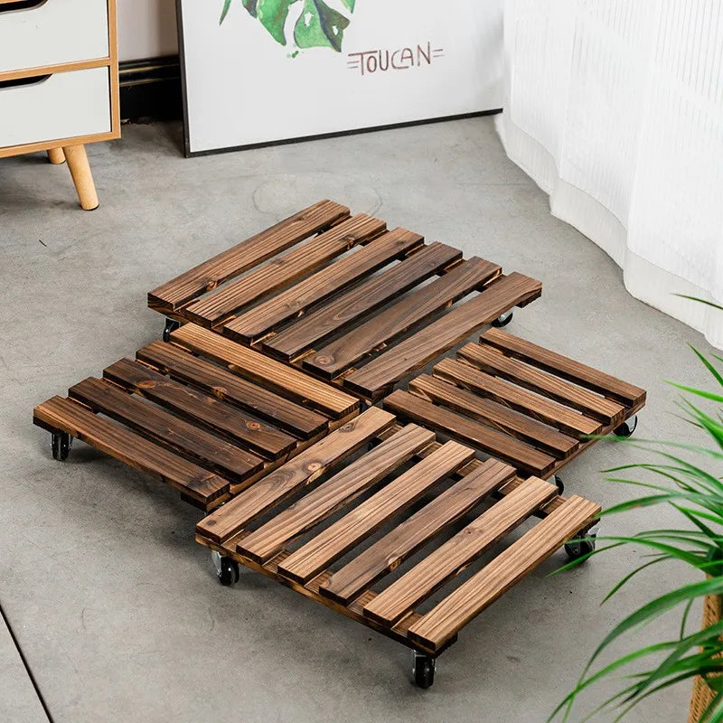 Solid Wood Planter Tray Potted Stand Rack Bonsai Round Wheel