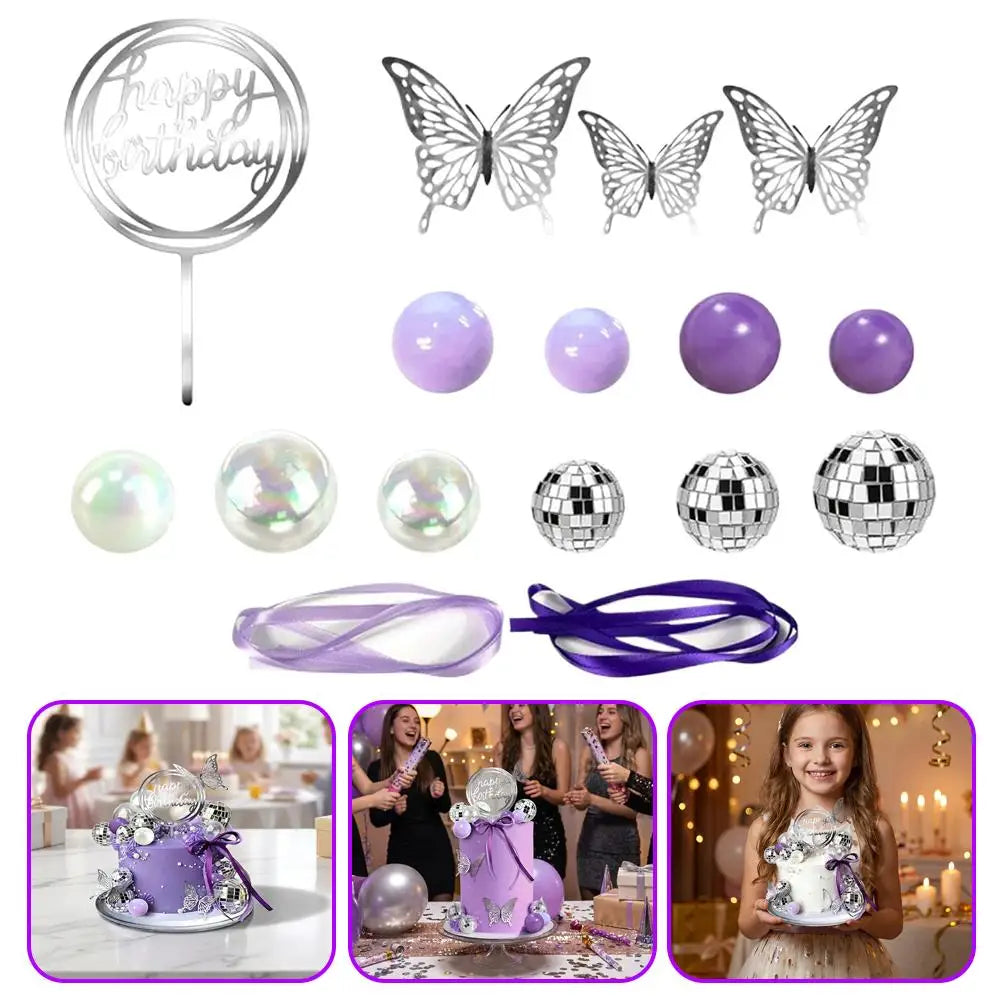 Disco Dance Music Birthd Disco Ball Cake Topper Purple and Transparent Pearl Balls Decorations with Silver Butterfly for 70s 80s Zpaxo