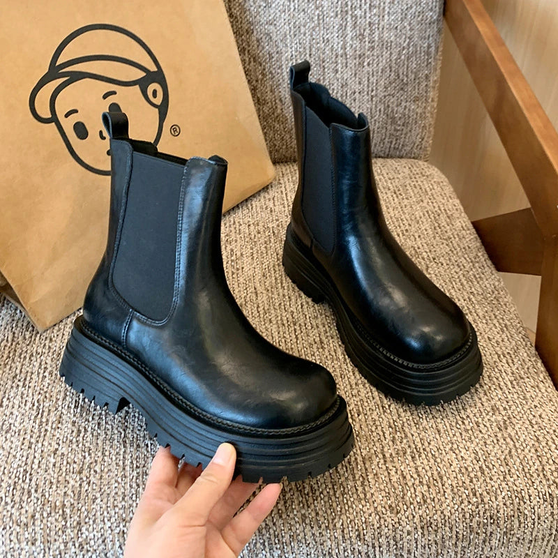 Womens Black Leather Platform Chelsea Boots Elastic Side Panels Zpaxo