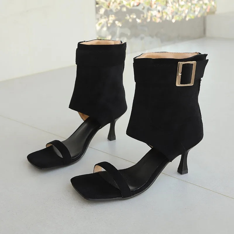 2026 Women Cut Out Faux Suede Mid-calf Boots Rome Gladiator Sandals