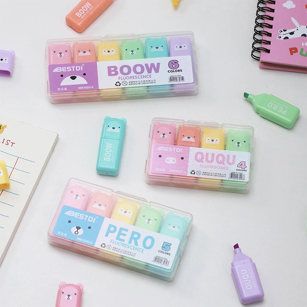 4/5/6Pcs Bear Mini Highlighter Pens Macaron Colors Chisel Tip Scrapbooking Marking Students School Office Supplies Zpaxo