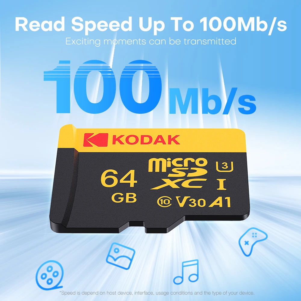 KODAK Micro SD Card 128GB 64GB 32GB 16GB Class 10 U3 100MB/s TF Memory Card + SD Adapter for 4K Video Drone Phone Zpaxo