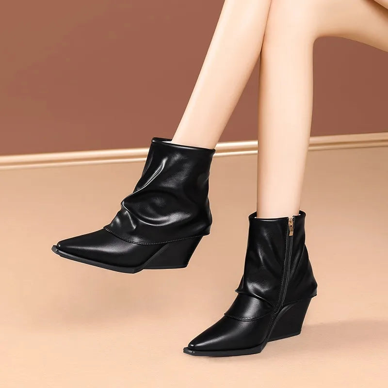 Fashion French Retro Shoes Pointed Toe Western Cowboy Boots Women New Fall Little Heightened Non-slip Short Leg Pants Tube Boots Zpaxo