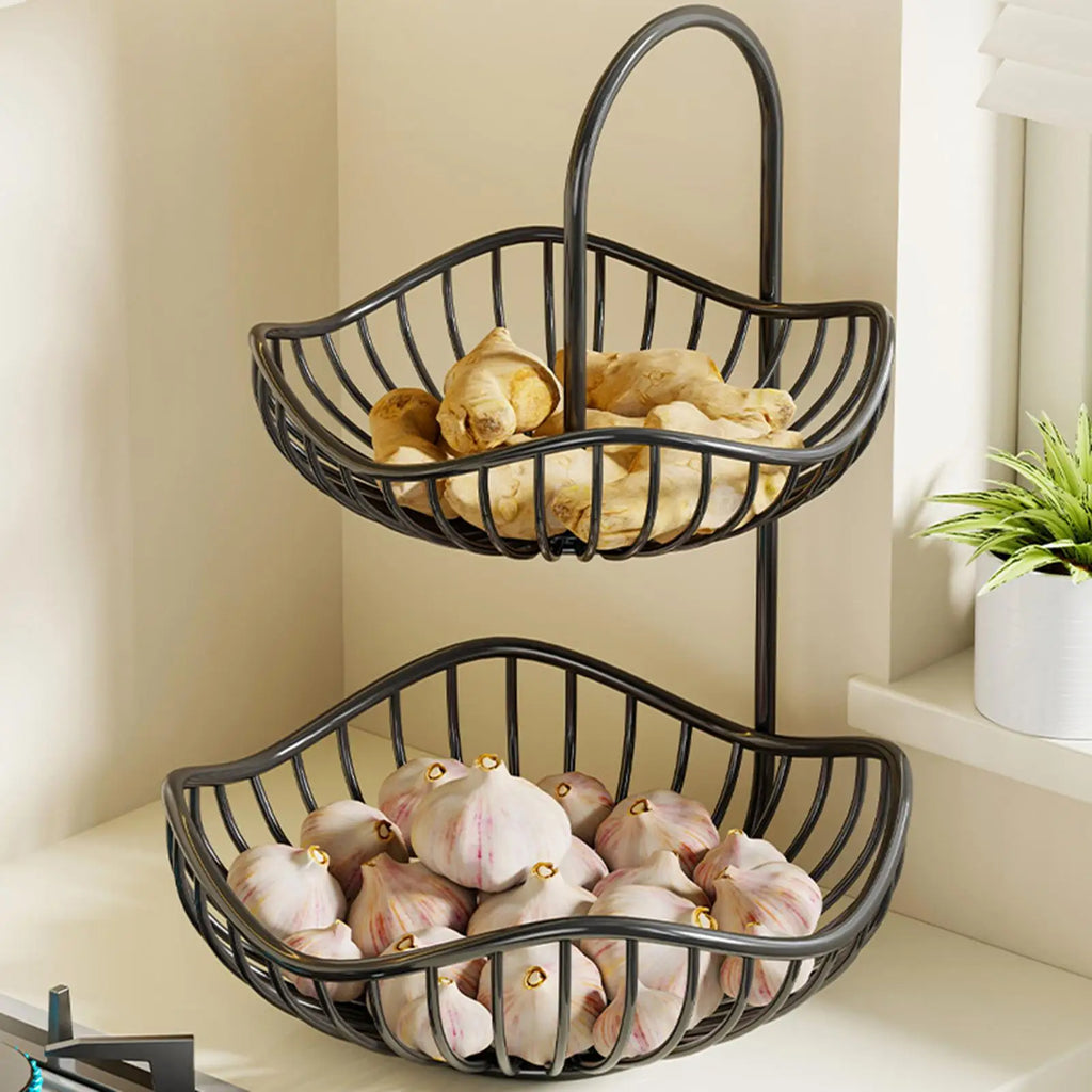 Two Tier Fruit Basket Modern Metal Black Storage Organizer Countertop
