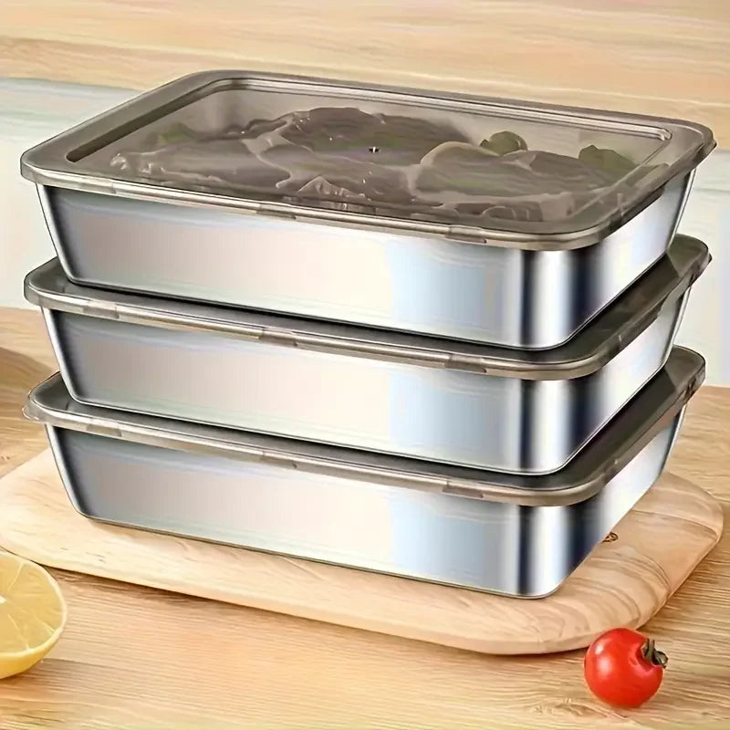 Stainless Steel Food Storage Container Rectangle Dish with Cover Noodles Fruit Tray Lunch Box Thick Refrigerator Organizer Plate Zpaxo
