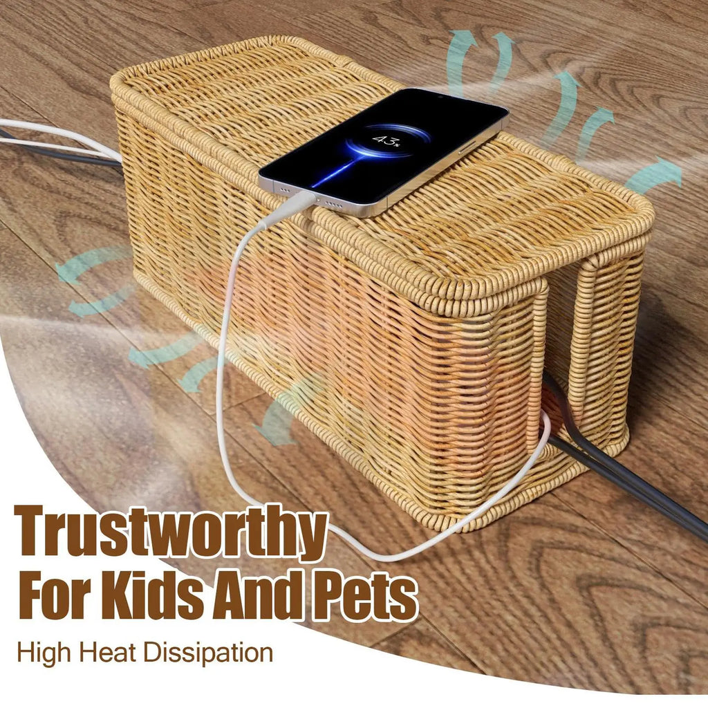 Cable Management Box Handwoven Imitation Rattan Cord Hider Organizer