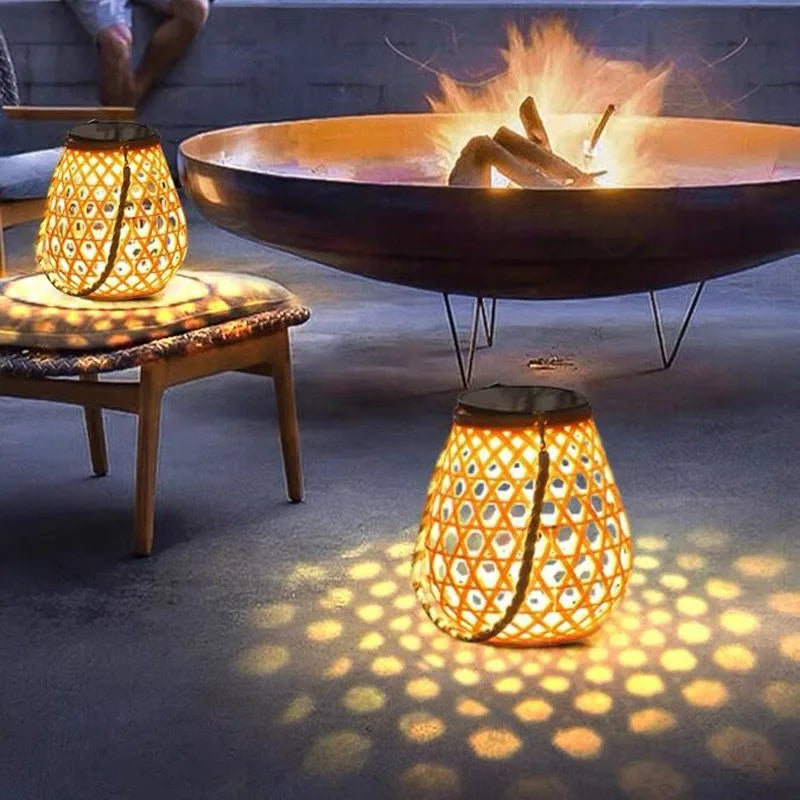 Solar Powered Bamboo Woven Hanging Cage Lamp Sun Powered Hanging Lamp Outdoor Courtyard Lamp Solar Lantern with Hollow Design Zpaxo Warm USB charging China Mainland