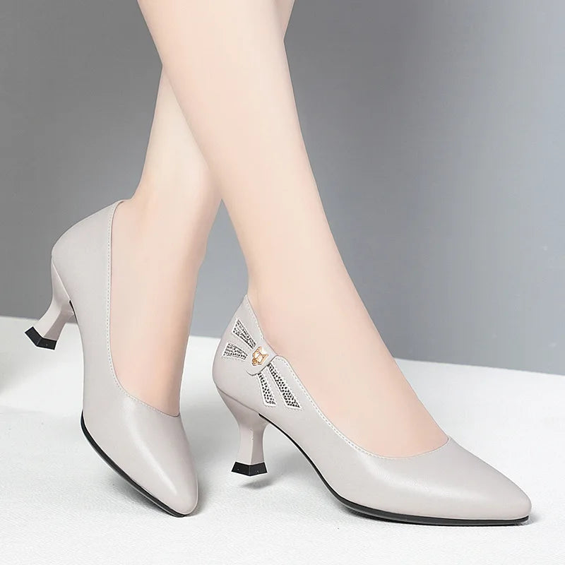 Leather Women's Shoes 2023 Spring Single Work Mid-high Heel All-match Zpaxo