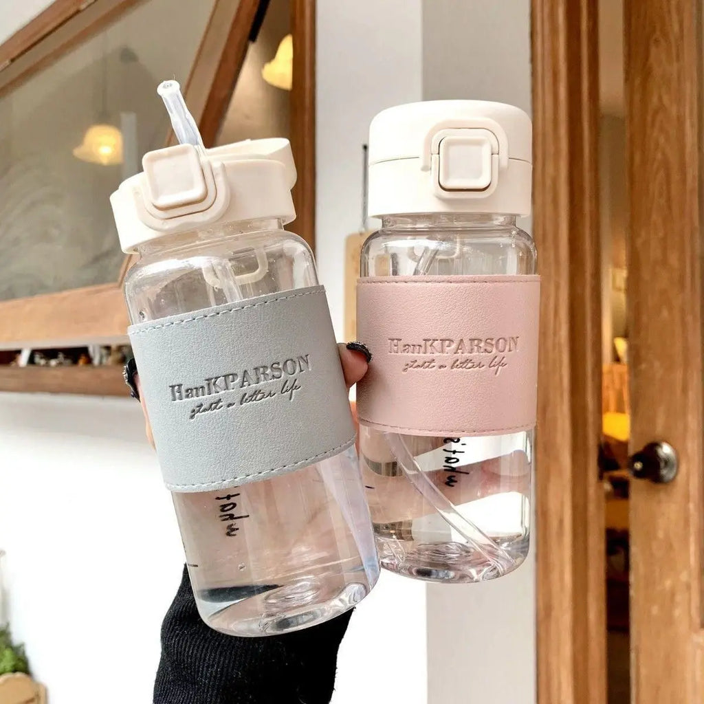 500ml BPA-Free Water Bottle with Straw & Leather Strap Reusable Water Bottle Zpaxo