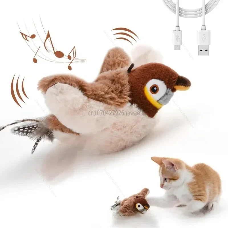 Interactive Cat Toys Rechargeable Electric Chirping Flapping Wings Bird with Catnip Cats Touch-Activated Squeaky Plush Toy Pet Zpaxo Sparrow