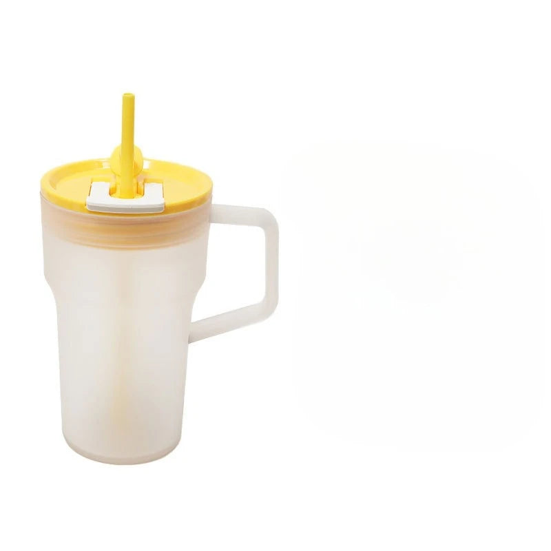 680ML Student Summer Frosted Tea Cup, Korean Style Large Capacity Handle Plastic Double Drinking Straw Cup, Ice King Water Cup Zpaxo Yellow
