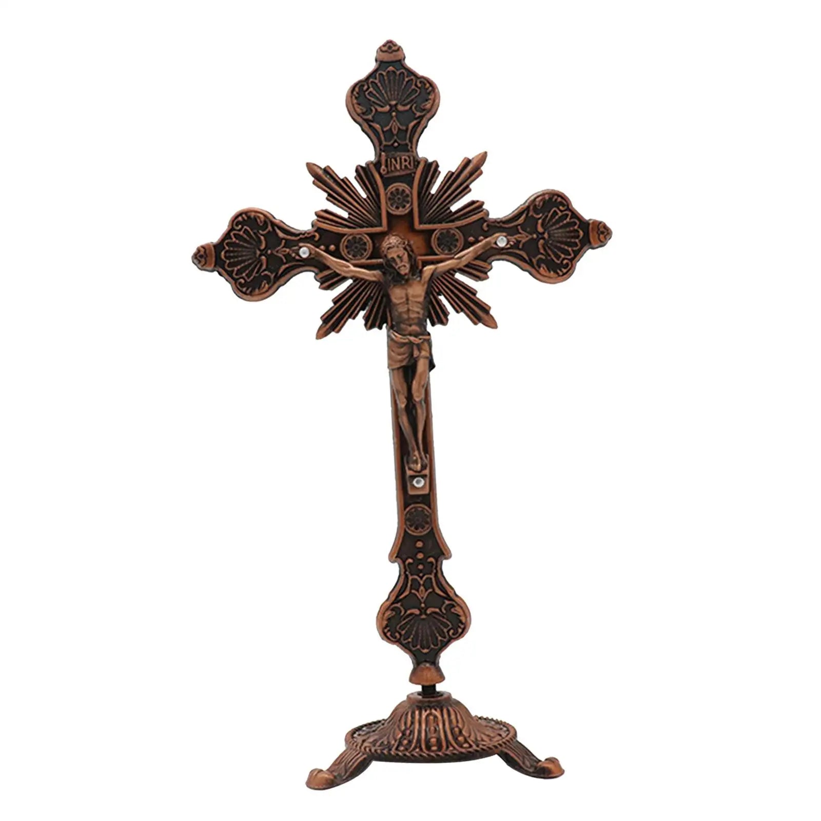 Standing Crucifix 10" Metal Jesus Cross with Tabletop Stand Religious Crucifix Decor Zpaxo Antique Red