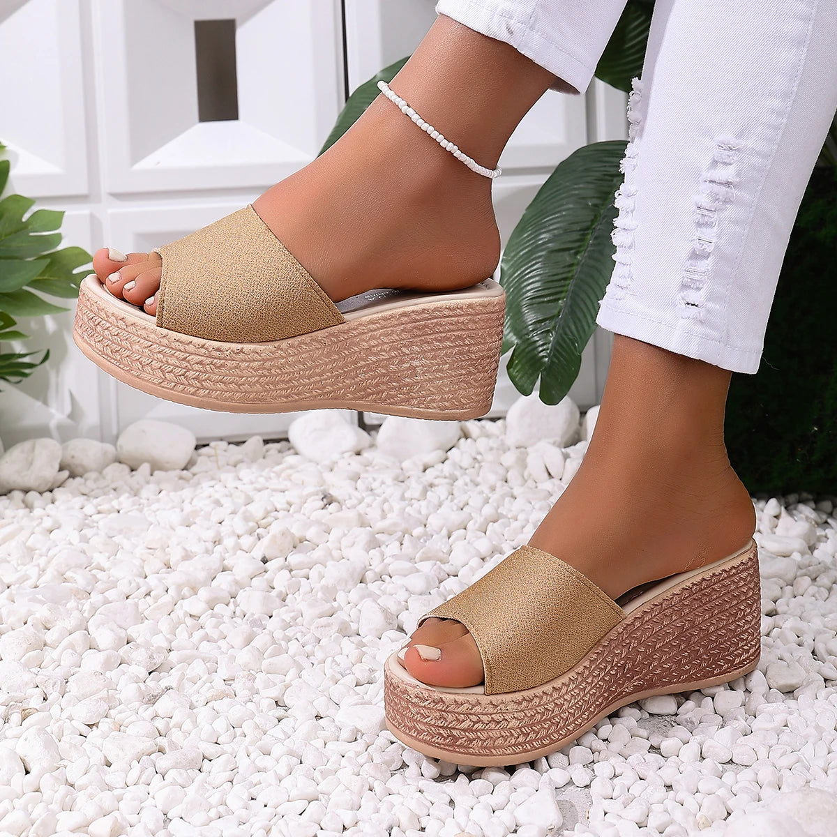 Women Slippers 2025 Casual Platform Wedge Sandals Open Toe Thick Zpaxo Khaki 42