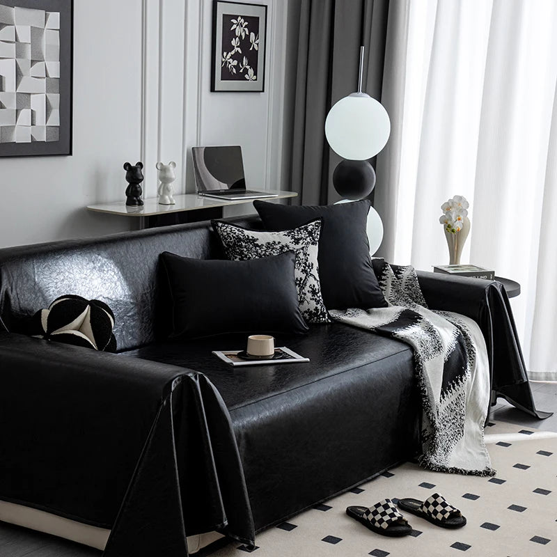 Waterproof Sofa Cover Artificial Leather Chaise Longue Slipcovers Armchair Protector Couch Cover For Living Room Zpaxo Black 180x420cm