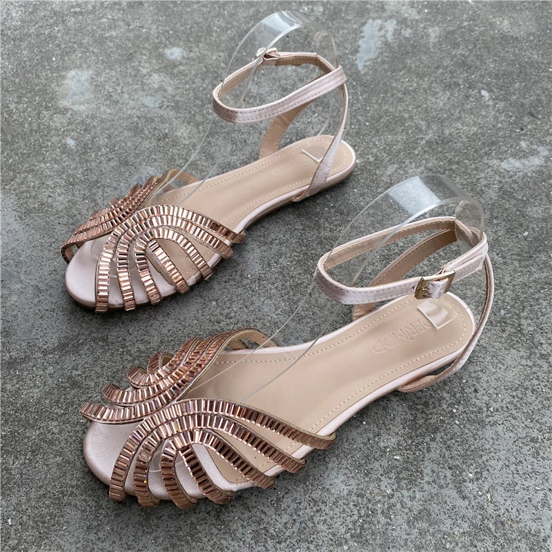 Fashion Roman Sandals Women 2023 Summer New French Gladiator Flat Bottom Rhinestone Black Women Slippers Luxury Sandals Zpaxo