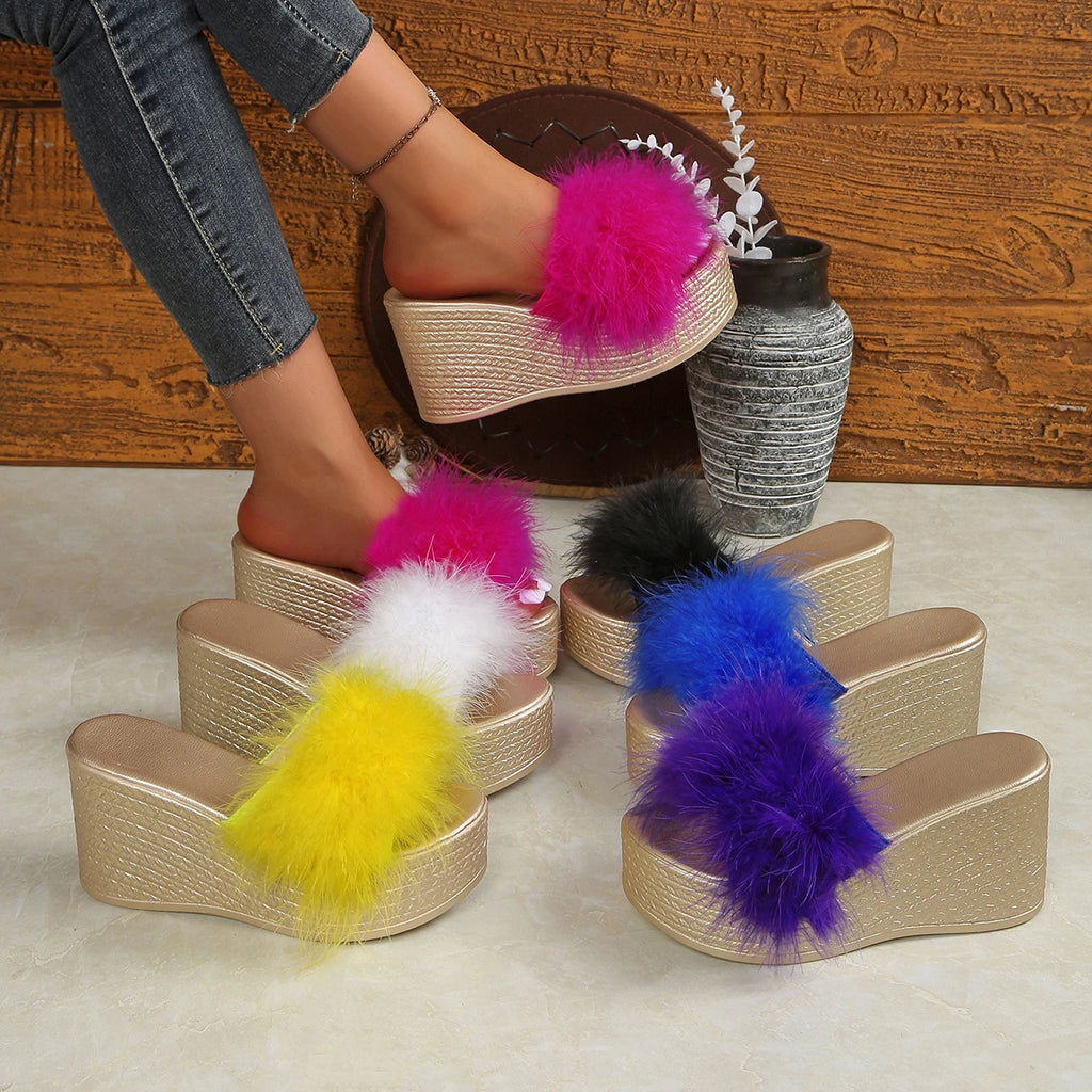 Women Sandals Outdoor Faux Fur Furry Fashion Luxury Platform Fluffy Zpaxo