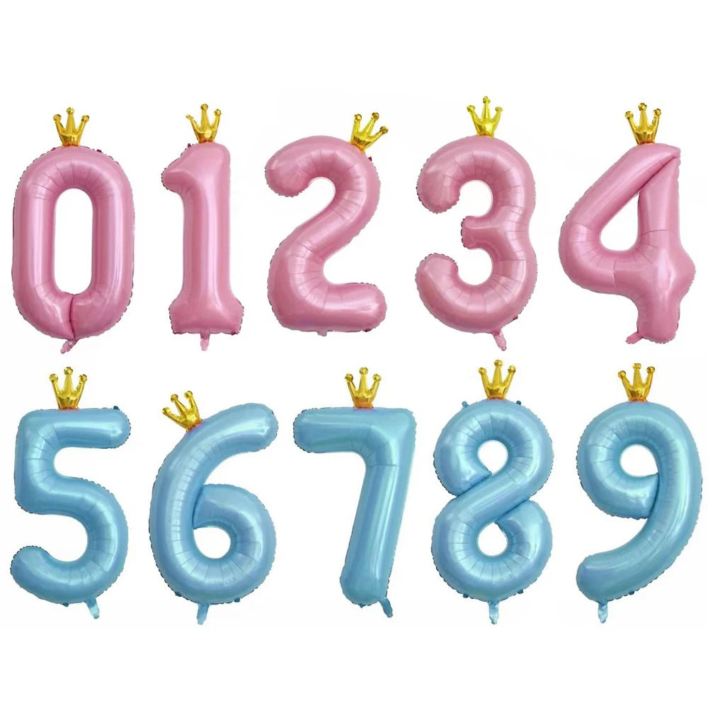 Pastel Baby Blue Pink Foil Number Balloon Crown 1 2 3 4 5 6 7 8 9