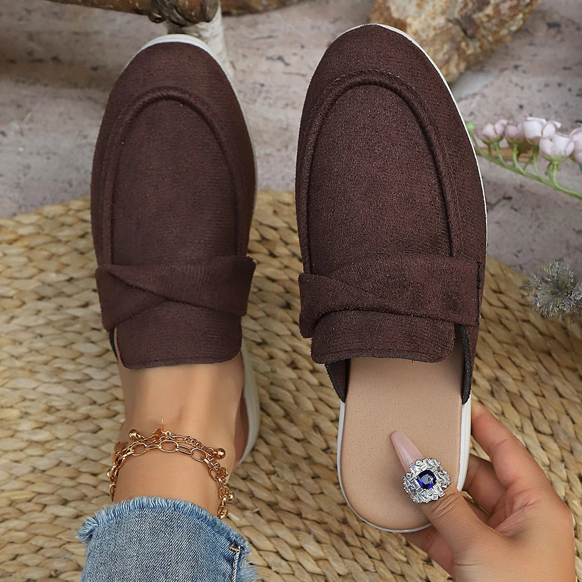 Women Slippers Fashion Slides Women Casual Flat Bottom Mules Loafers Fashion Single Shoes Brand Comfortable Slip on Sandals Zpaxo Coffee color 40