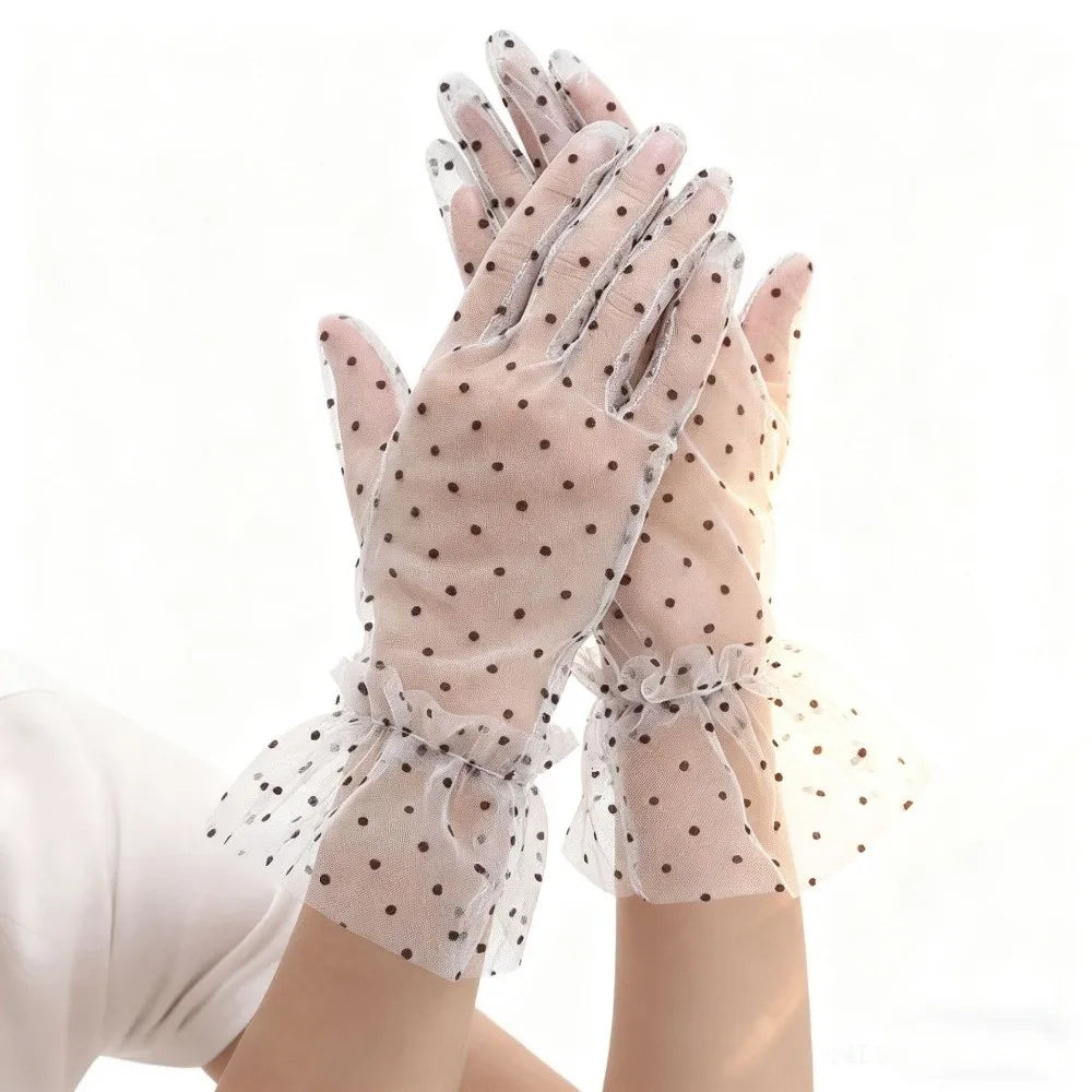 Fashion Ultra Thin Tulle Polka Dot Gloves Full Finger Breathable Lace Mesh Gloves Transparent Wedding Party Mittens UV Sunscreen Zpaxo White1