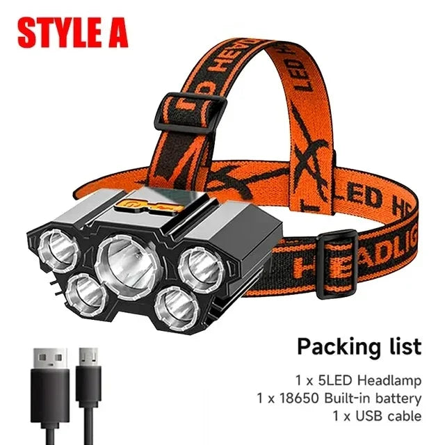 5 LED Rechargeable Headlamp | 10W Waterproof Camping Headlight