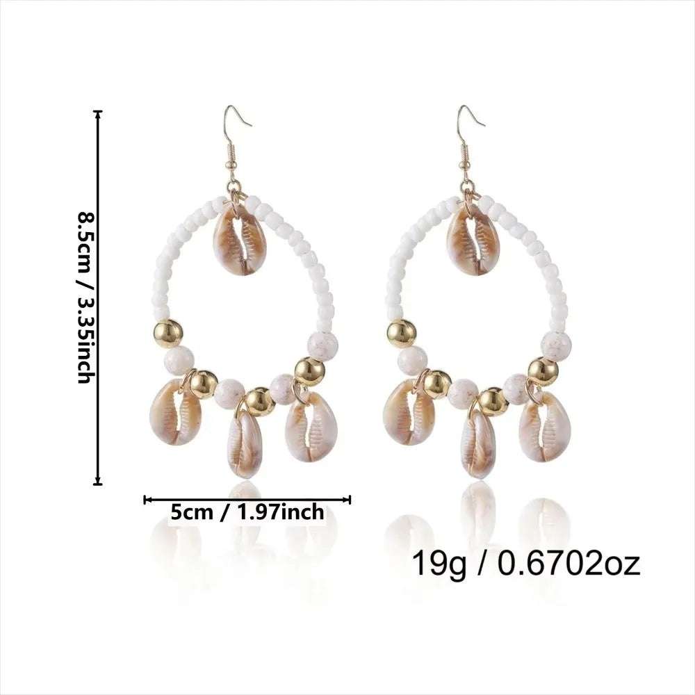 Summer Handmade Woven Hoop Earrings Boho Style Beaded Drop Earrings with Spotted Shell Beach Vacation Ear Pendant Women Jewelry Zpaxo