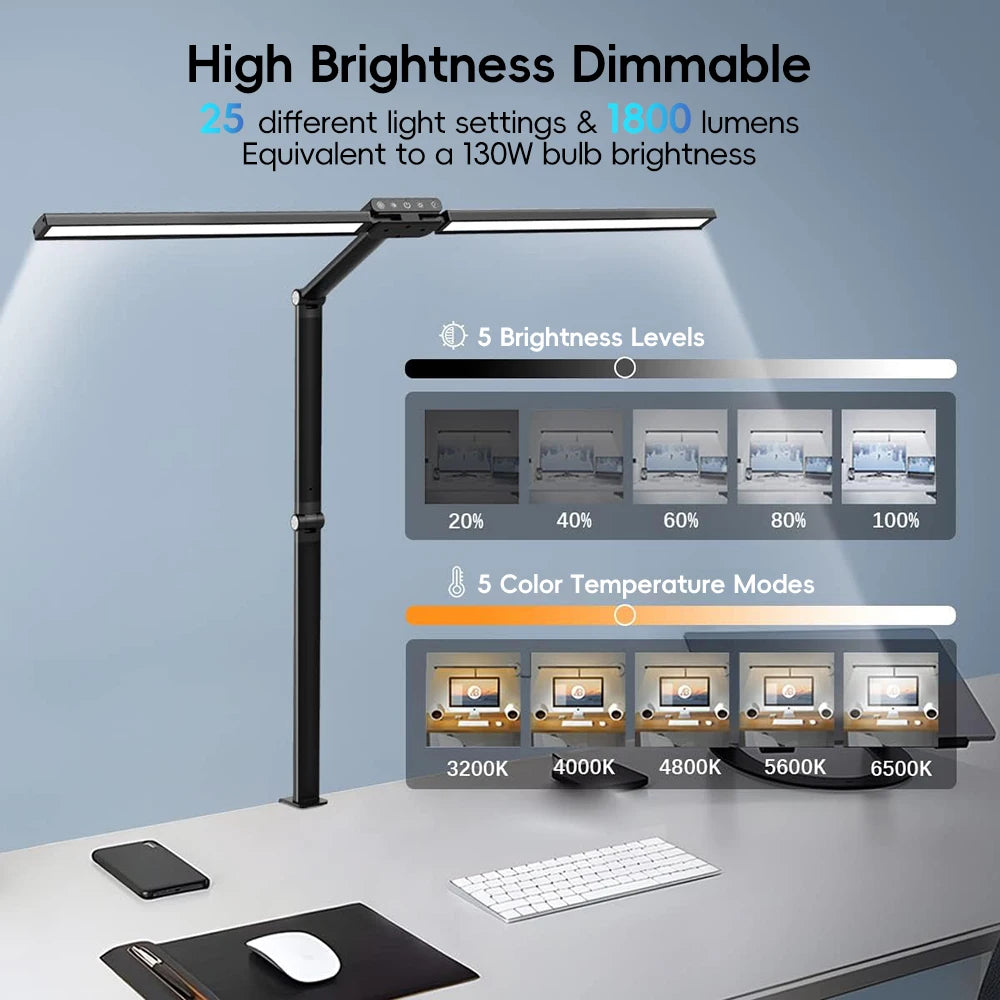 Home LED Eye-Care Reading Desk Lamp with Memory Timer Function 3200K-6500K Stepless Dimming 1800LM 2-Head PC Monitor Table Light Zpaxo