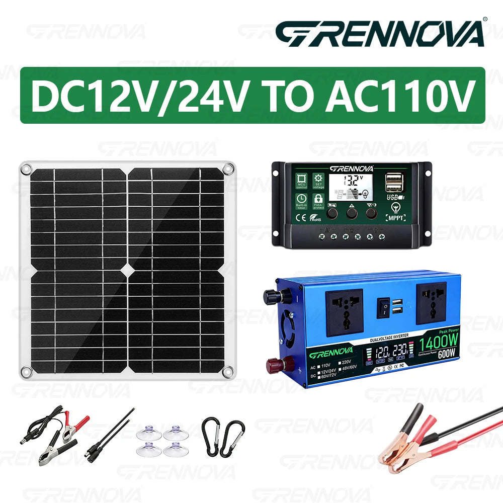 Grennova 1400W Solar kit Intelligent Inverter(continuous Power 700W )30W Solar Panel 60A Controller 12/24V 110V/220V for fish RV Zpaxo 110V solar kit