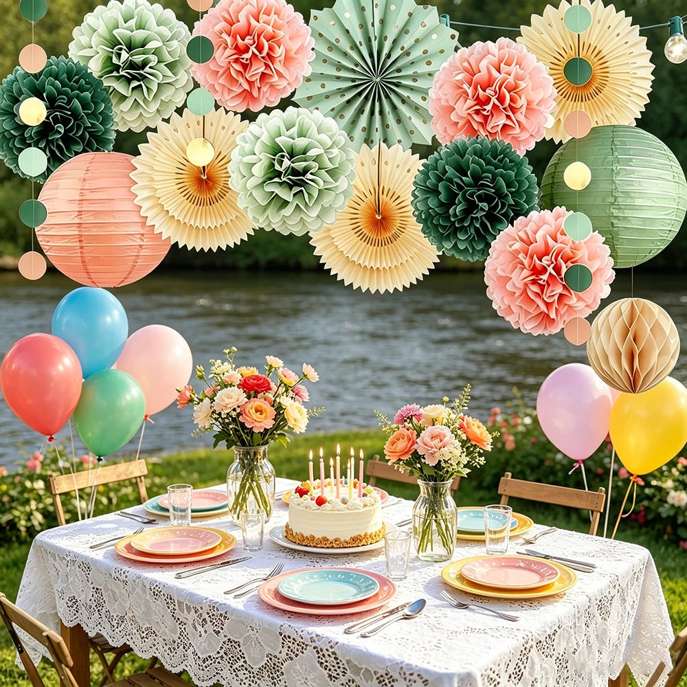 Sage Green Peach Pink Paper Lantern Tissue Pom Poms Party Hanging