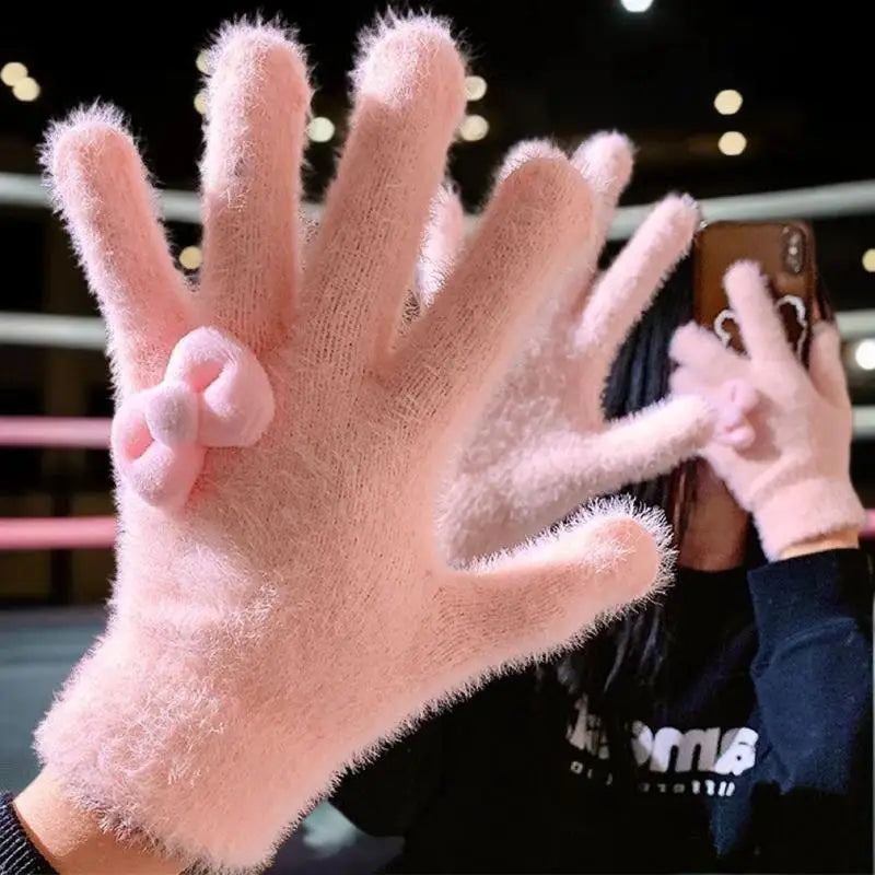 Charming Plush Gloves Bow Detailing Keep Warm Winter Stylish Women Zpaxo