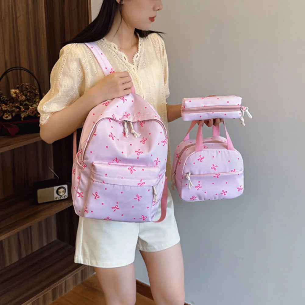 Korean Fashion Bow Print Women Backpack Simple Student Schoolbag