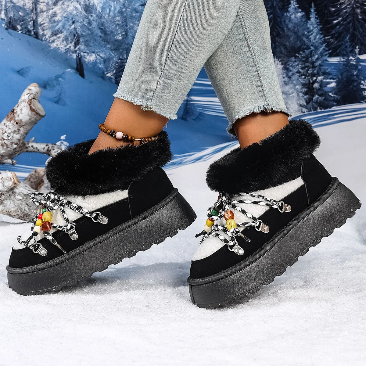 2025 Winter Ankle Boots Women Platform Shoes Antiskid Waterproof Ski Boots Luxury Fluffy Furry Fur Boots Woman's Ankle Booties Zpaxo