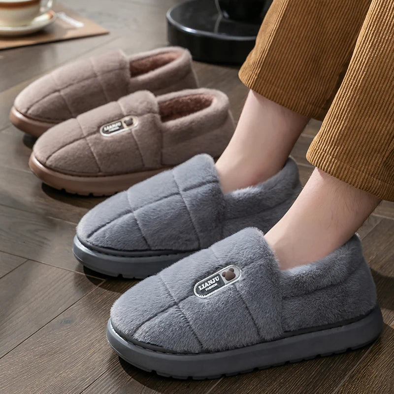 Men's Slippers Winter Solid Wrap Heels Plush Non-slip Warm Women Men