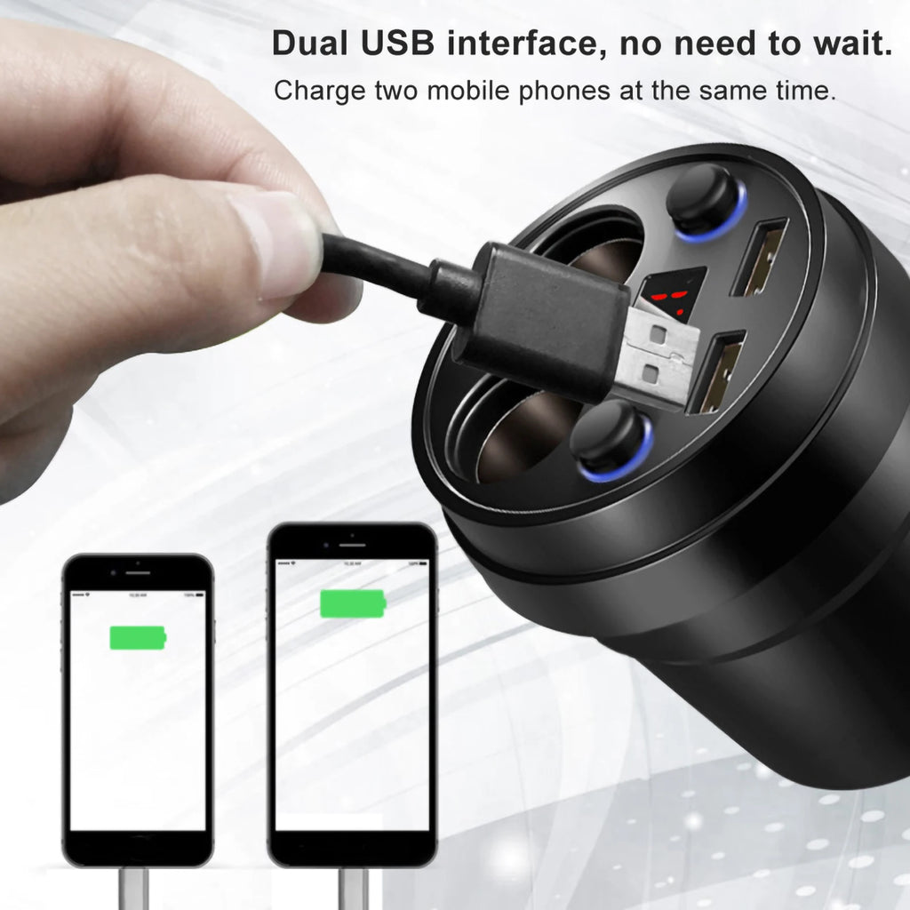 Cup Dual USB Car Charger Wire Multifunction Cigarette Lighter Phone