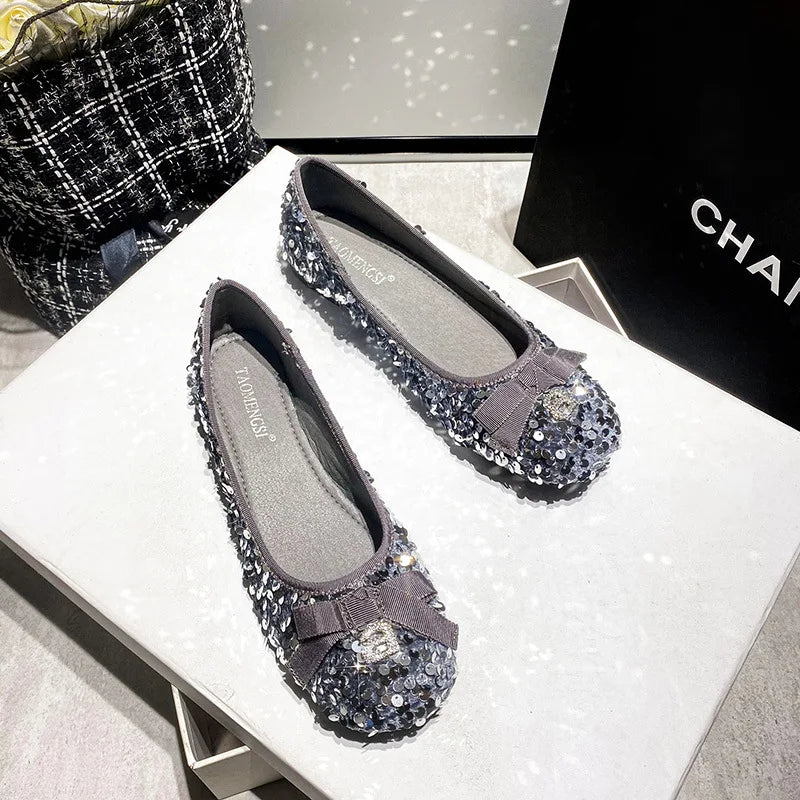 Flat Shoes for Women Spring Autumn 2025 Shallow Mouth Sparkling Sequin Bow Blingbling Plus Size 42 43 41 Kawaii Shoes Zpaxo