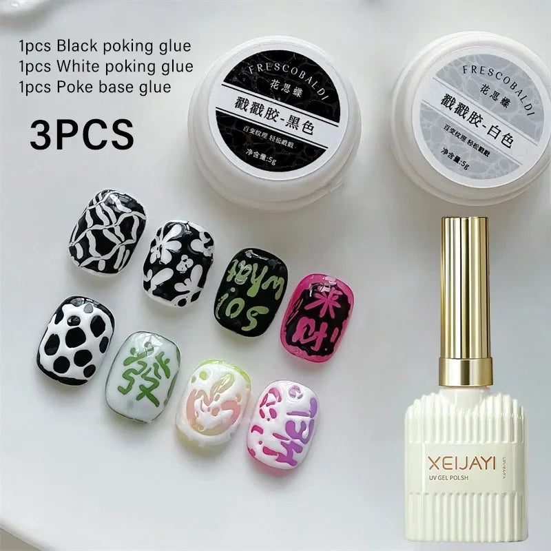 Lace Hole Black White Nail Poke Art Glue Bubble Ocean Wave Pattern Zpaxo Mixed-3Pcs