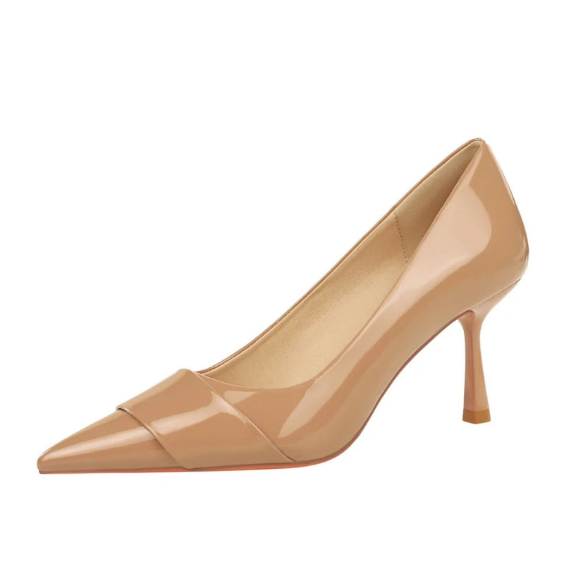 Nude Patent Leather Pointed Toe Kitten Heel Pumps Overlay Strap Zpaxo